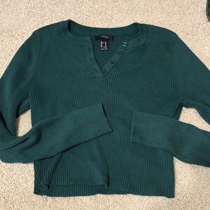 Forever 21 Forest Green Cropped Henley Ribbed Sweater
